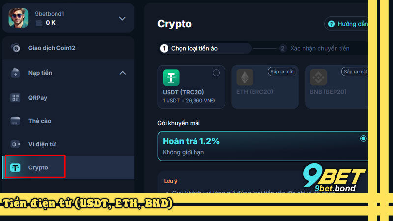 Tiền điện tử (USDT, ETH, BND)